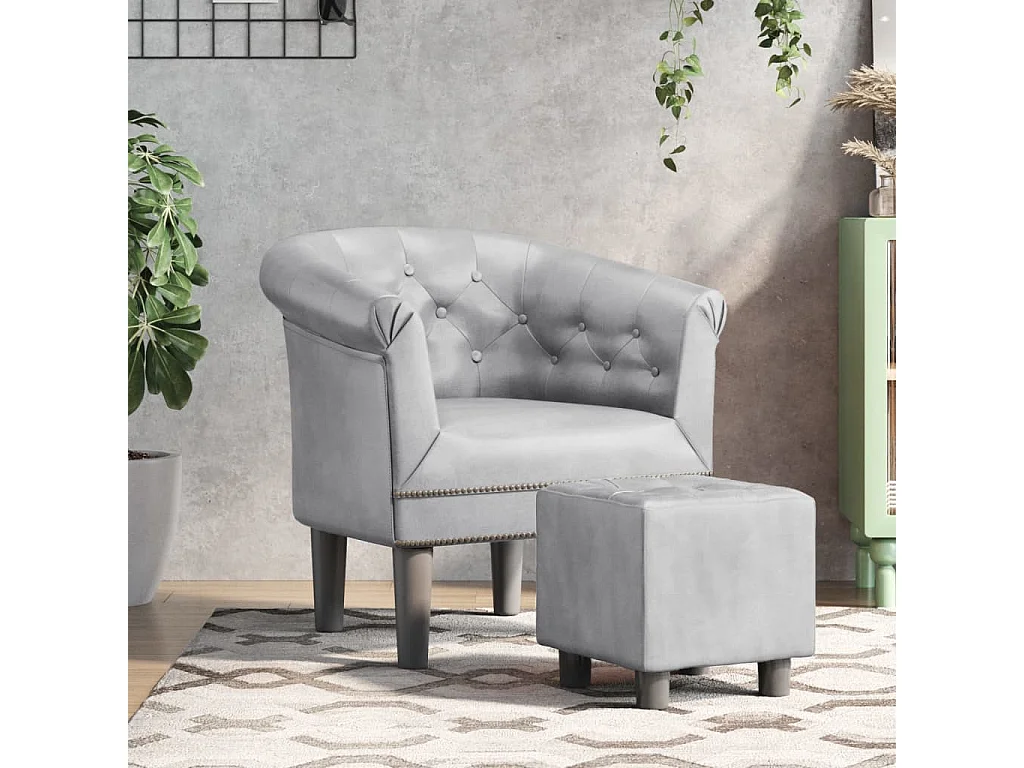 Sillón con taburete cuero sintético plateado