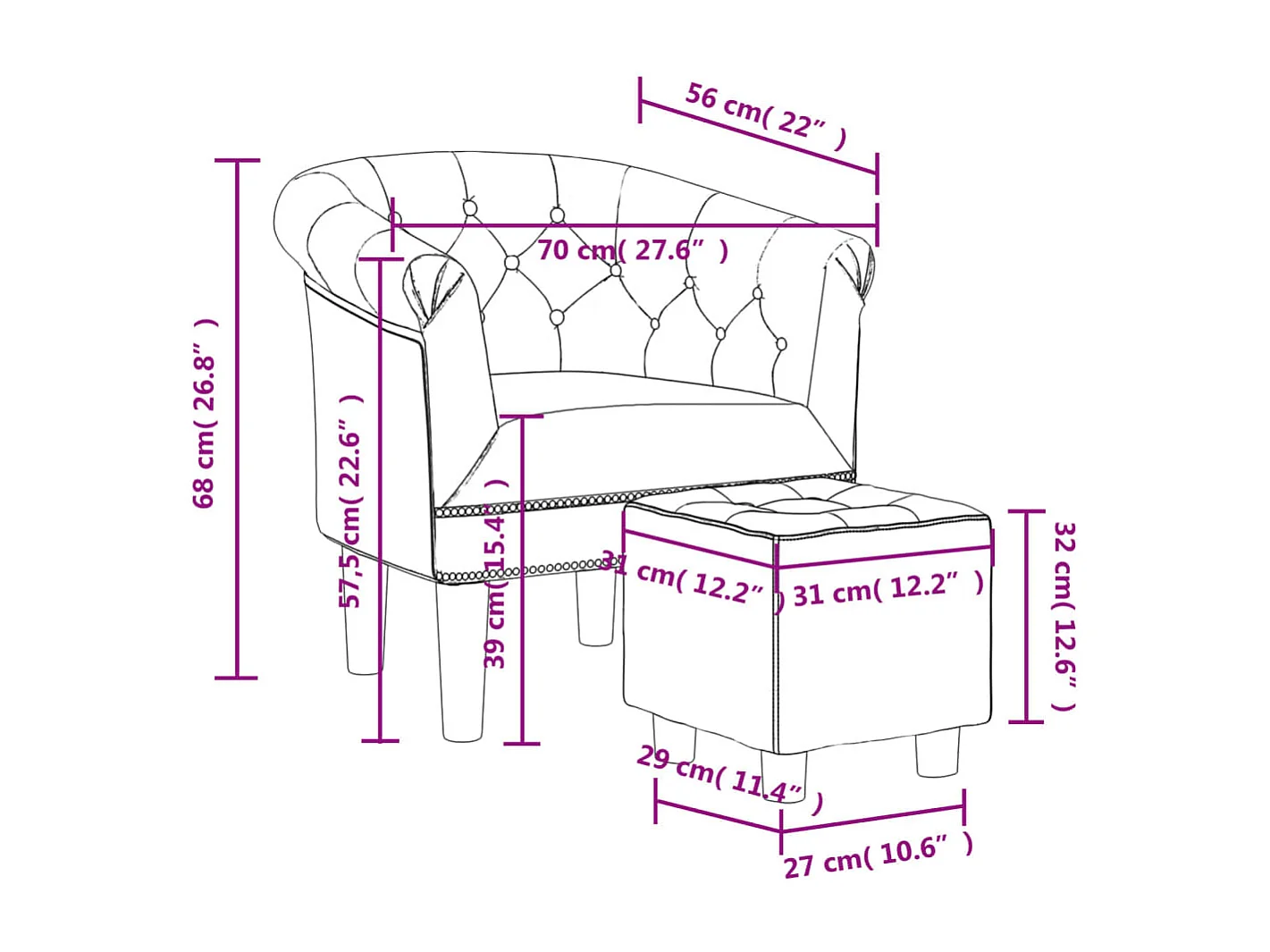 Sillón con taburete cuero sintético plateado