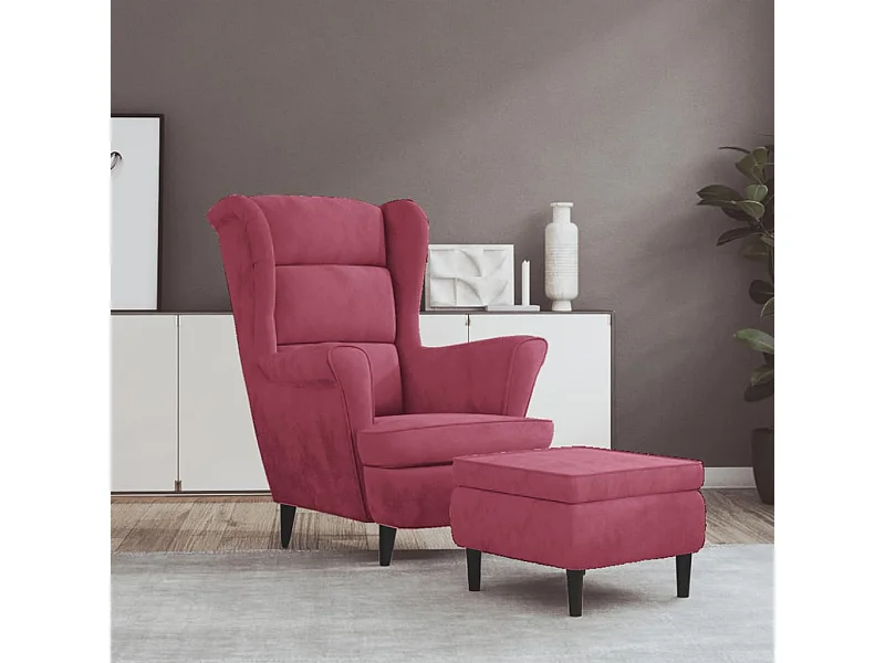 Fauteuil met voetenbank fluweel wijnrood
