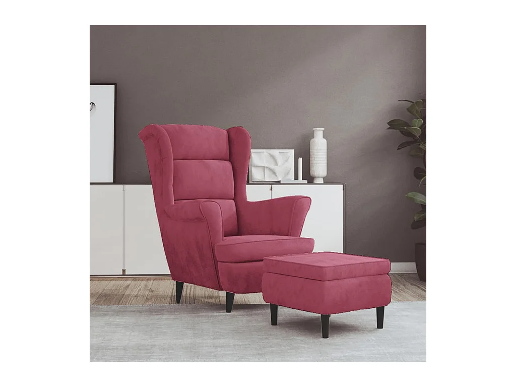 Fauteuil à oreilles avec tabouret bordeaux velours