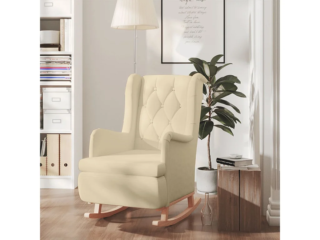 Fauteuil met massief rubberwood schommelpoten stof crèmekleurig