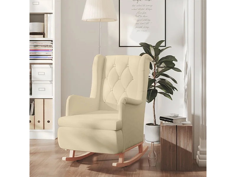 Fauteuil avec pieds à bascule en bois d'hévéa solide Crème Tissu