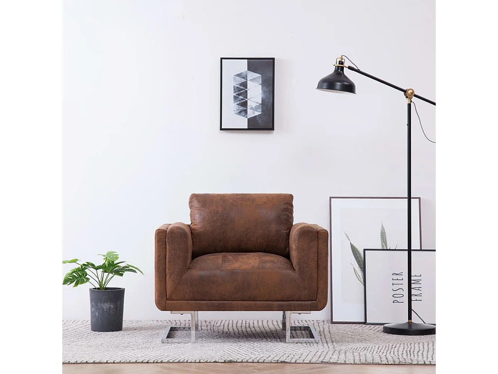 Sillón en forma de cubo de piel de ante artificial marrón