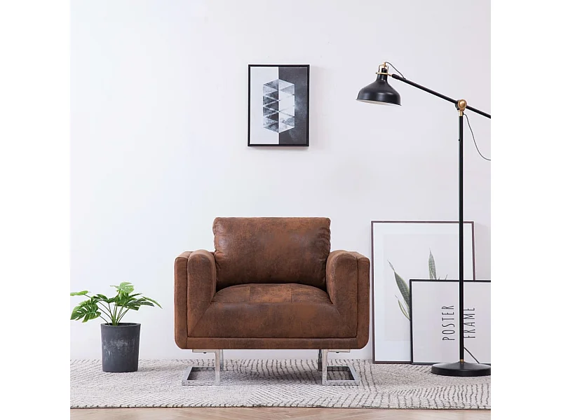 Sillón en forma de cubo de piel de ante artificial marrón