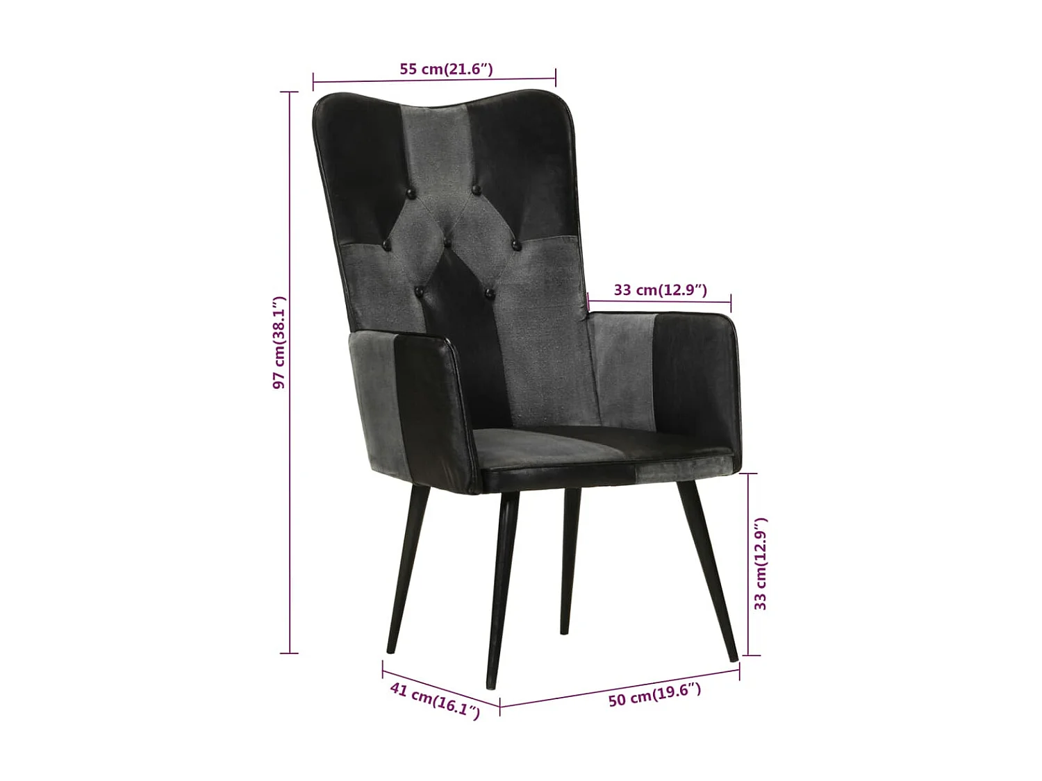Fauteuil echt leer zwart en grijs