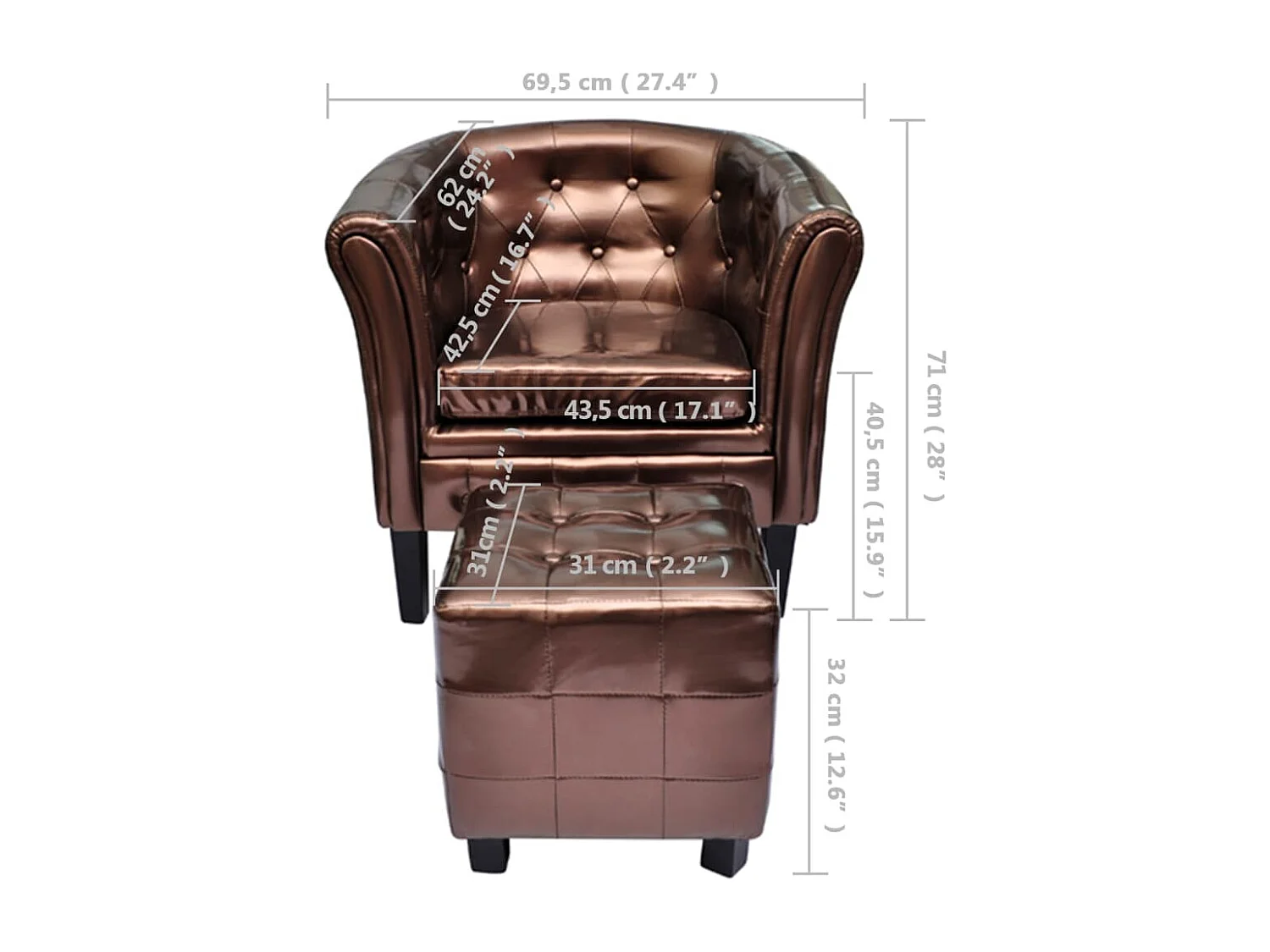 Sillón con diseño de cubo con reposapiés cuero sintético marrón