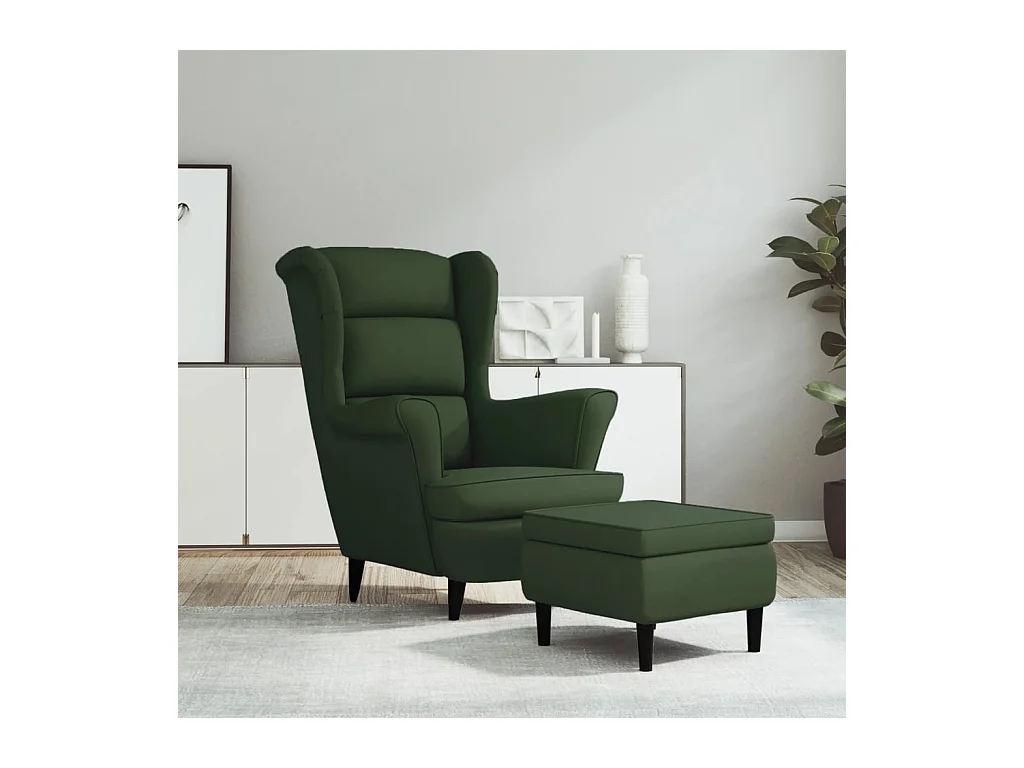 Fauteuil à oreilles avec tabouret vert foncé velours
