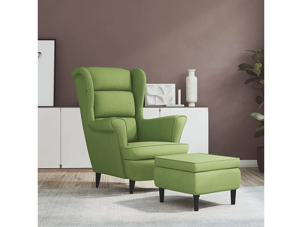 Sillón orejero y taburete de terciopelo verde claro