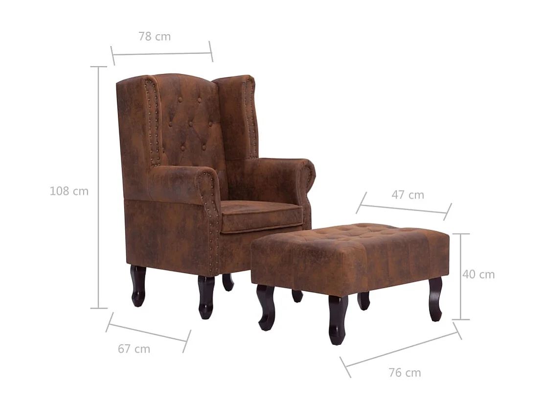 Fauteuil en voetenbank Chesterfield-stijl kunstsuède bruin