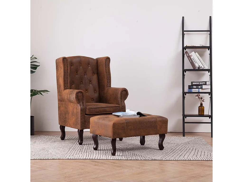 Fauteuil Chesterfield et repose-pieds Marron Similicuir daim