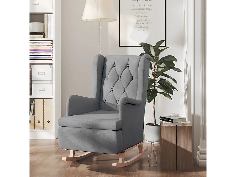 Sillón con patas mecedoras madera maciza caucho tela gris claro