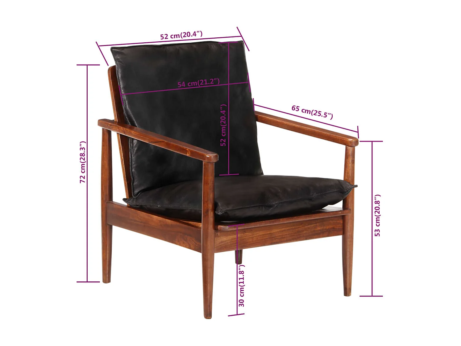 Sillón madera maciza acacia y cuero auténtico negro