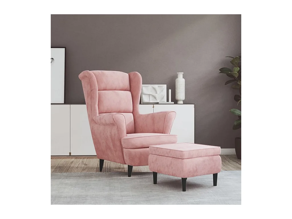 Sillón orejero y taburete de terciopelo rosa