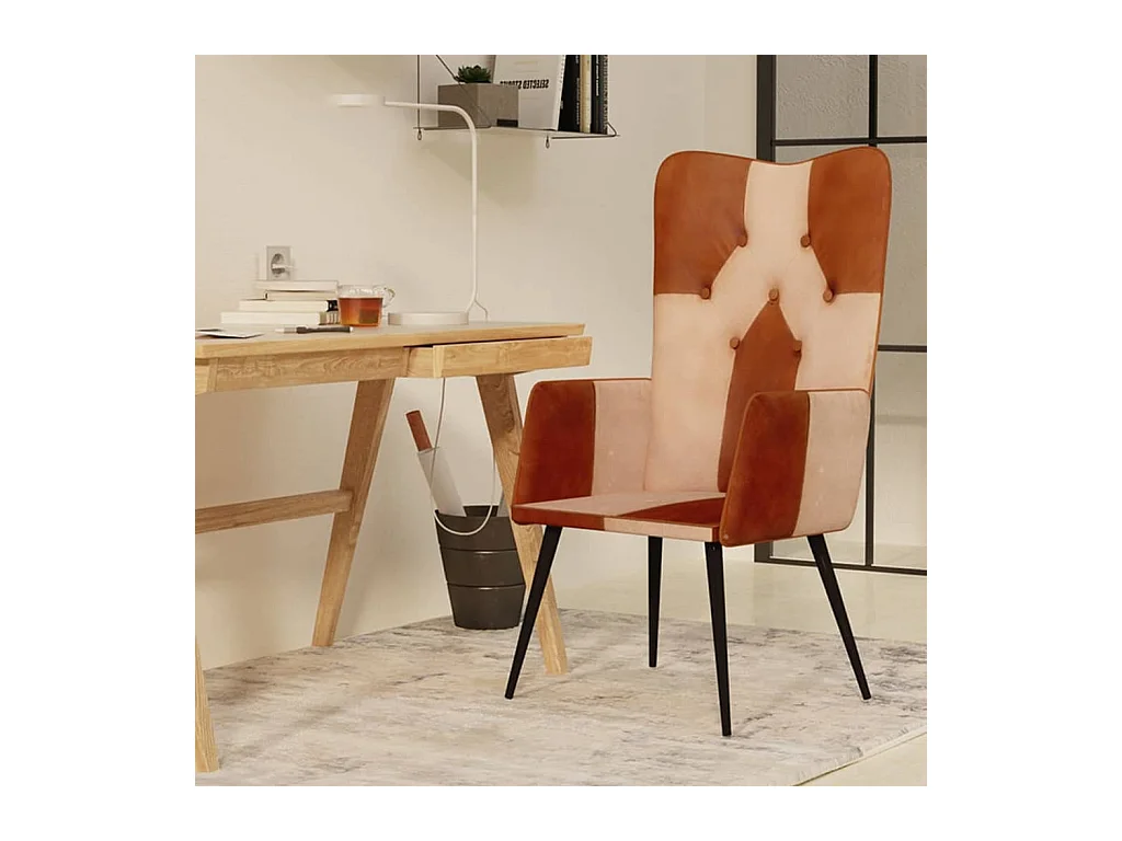 Fauteuil à oreilles Marron et crème Cuir véritable