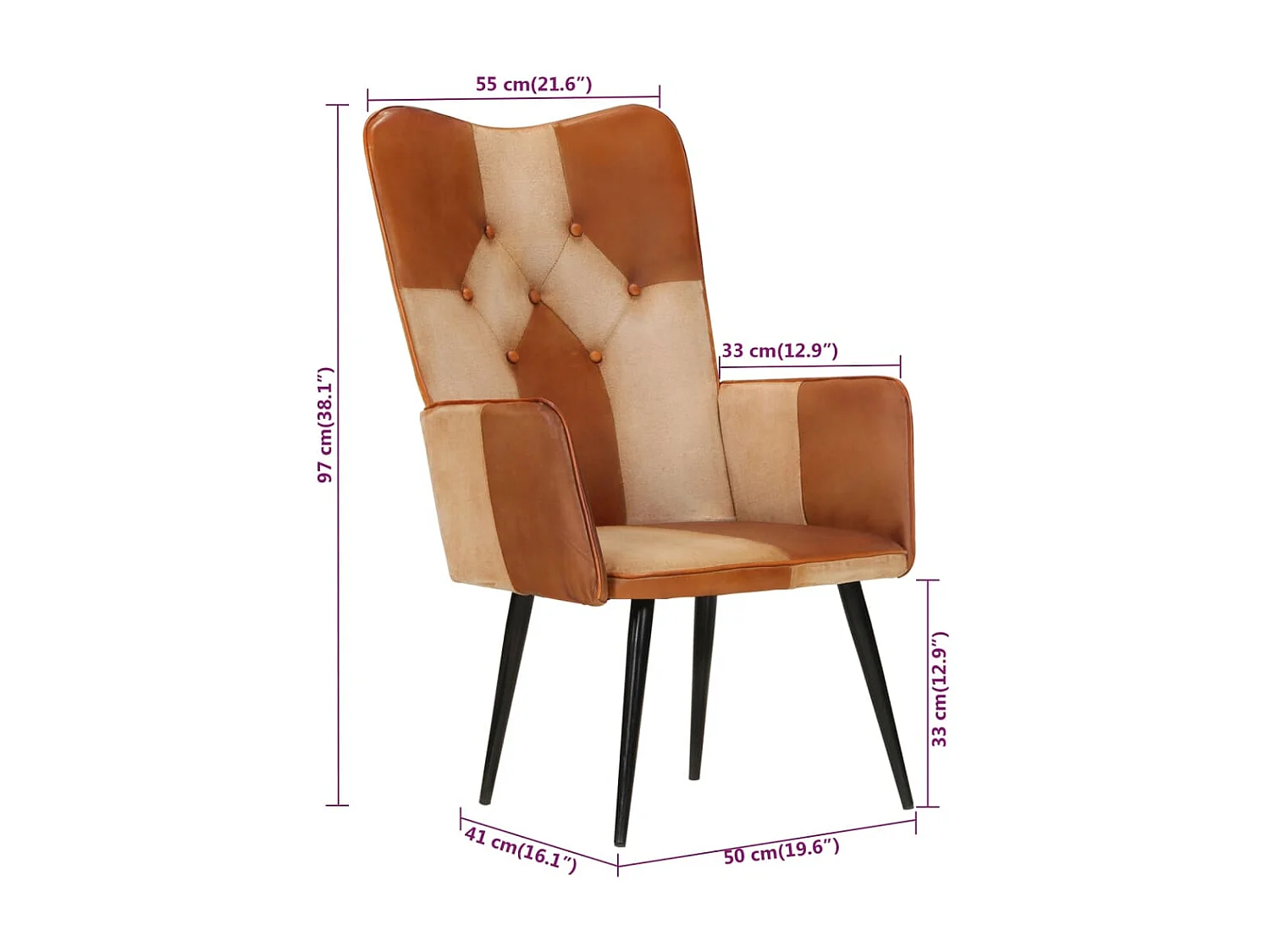 Sillón orejero cuero auténtico marrón y crema