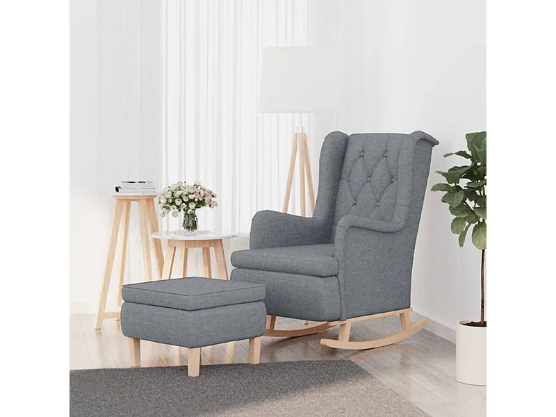 Sillón con patas mecedoras y taburete de tela gris claro