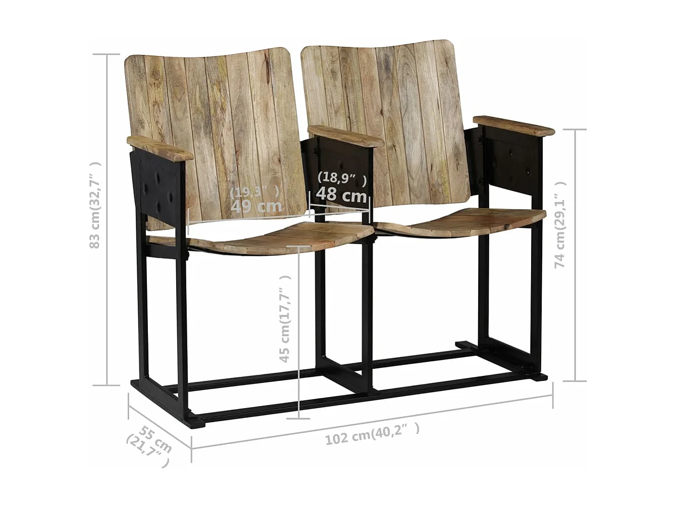 Fauteuil à 2 places Bois de manguier massif et acier