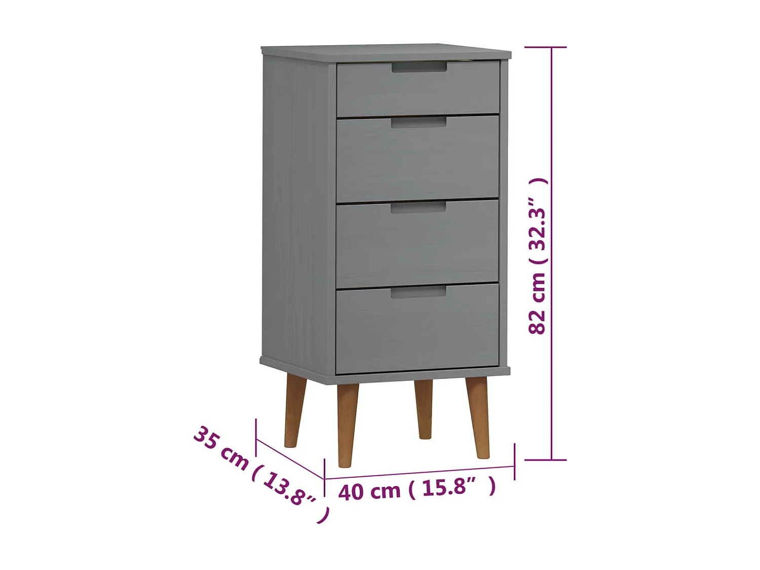 Cassettiera MOLDE Grigia 40x35x82 cm Legno di pino massiccio