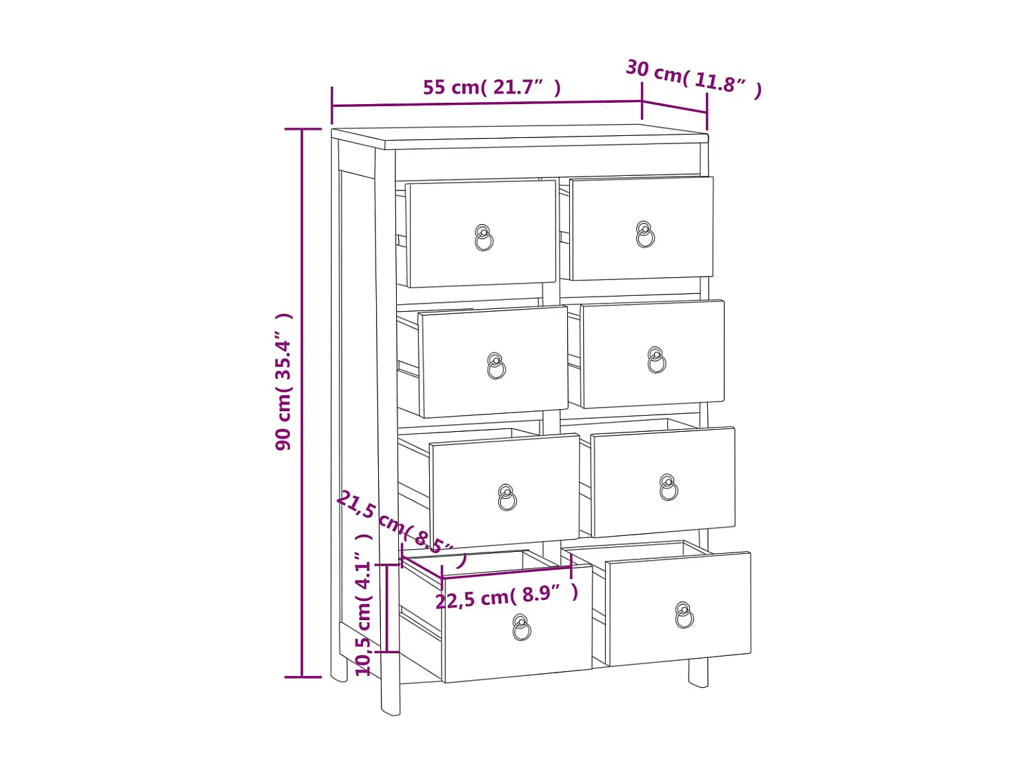 Kommode 55x30x90 cm Massives Teakholz