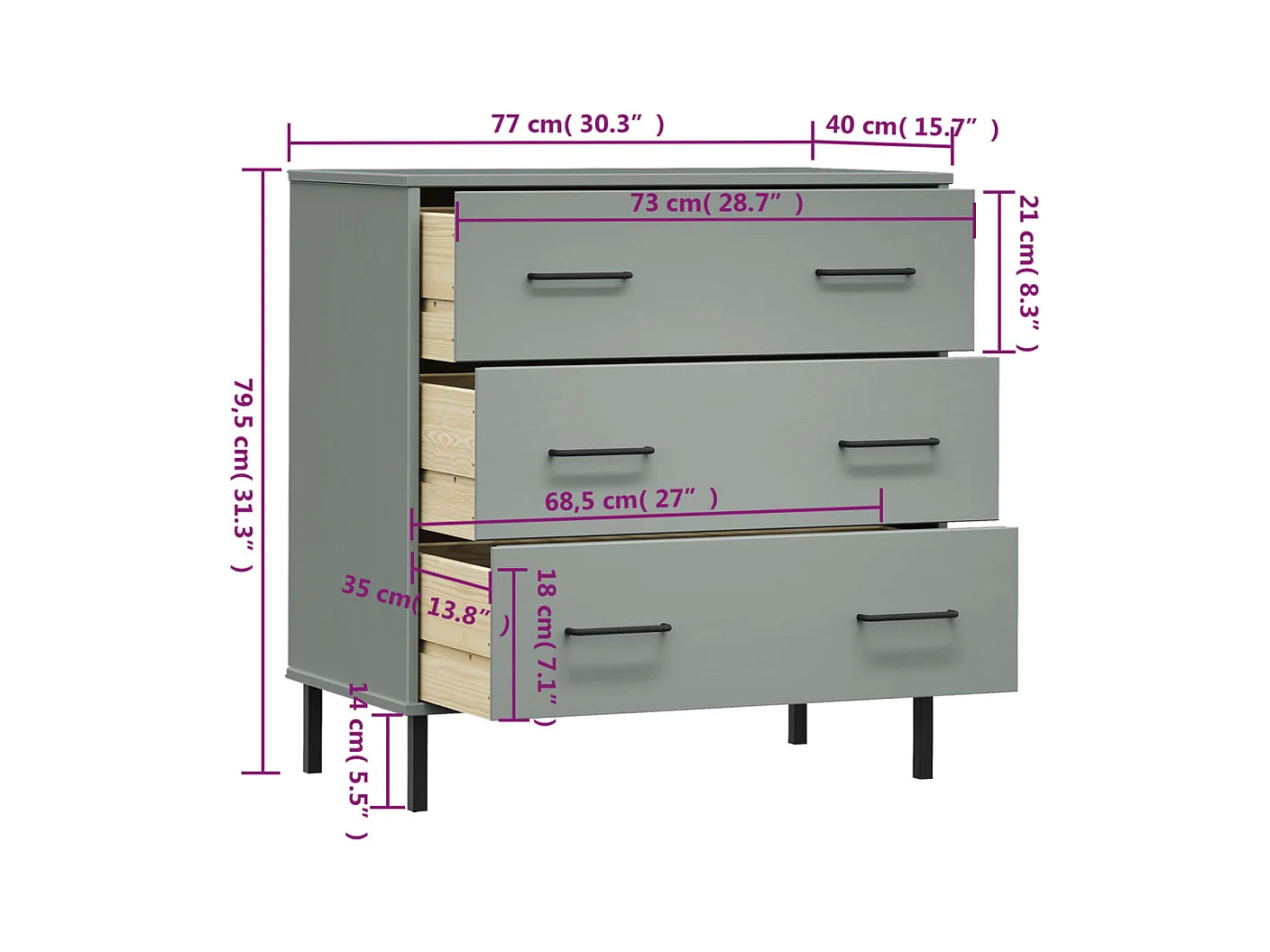 Buffet avec 3 tiroirs Gris 77x40x79,5 cm Bois massif OSLO