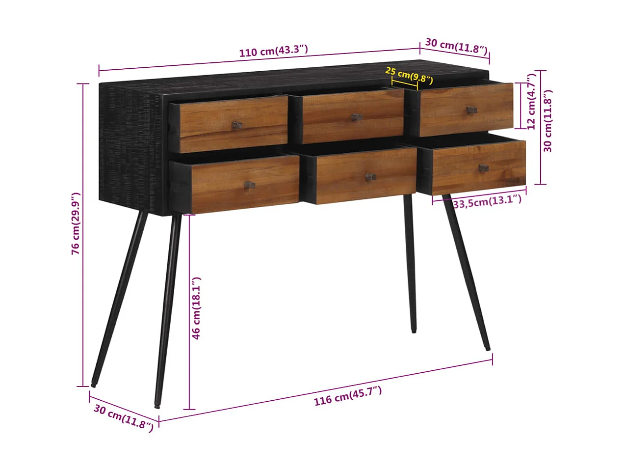 Mesa consola con cajones teca maciza recuperada 116x30x76 cm