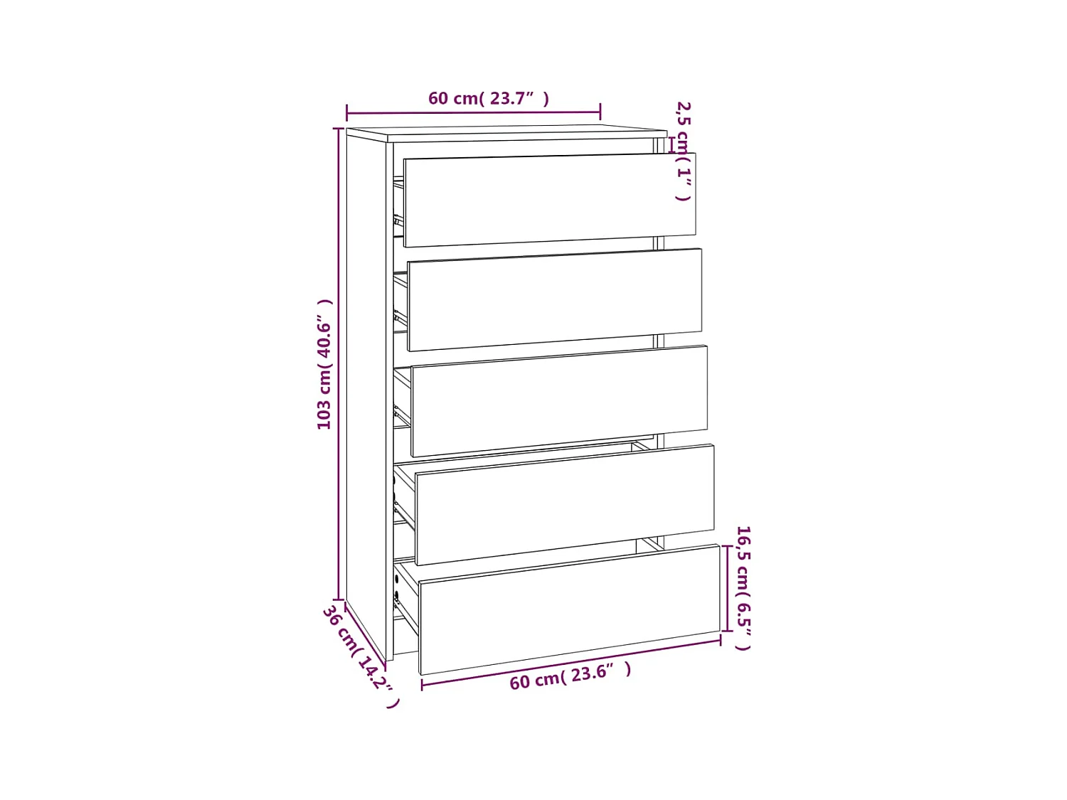 Cassettiera bianca 60x36x103 cm MDF