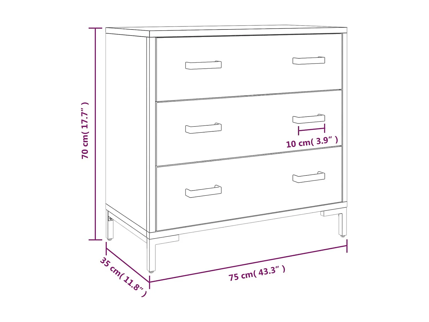 Cassettiera nera 75x35x70 cm Legno di pino massiccio