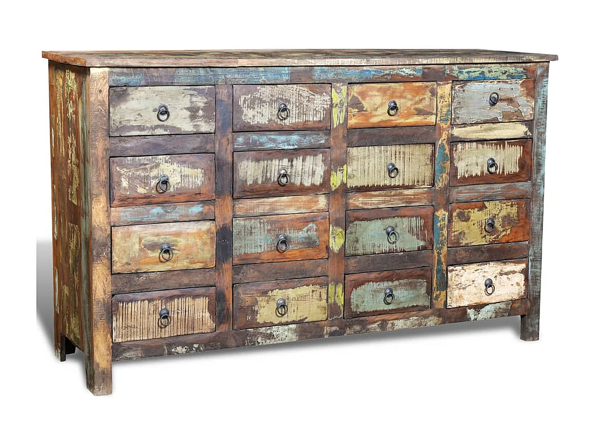 Armadio con 16 cassetti in legno massello riciclato stile antico