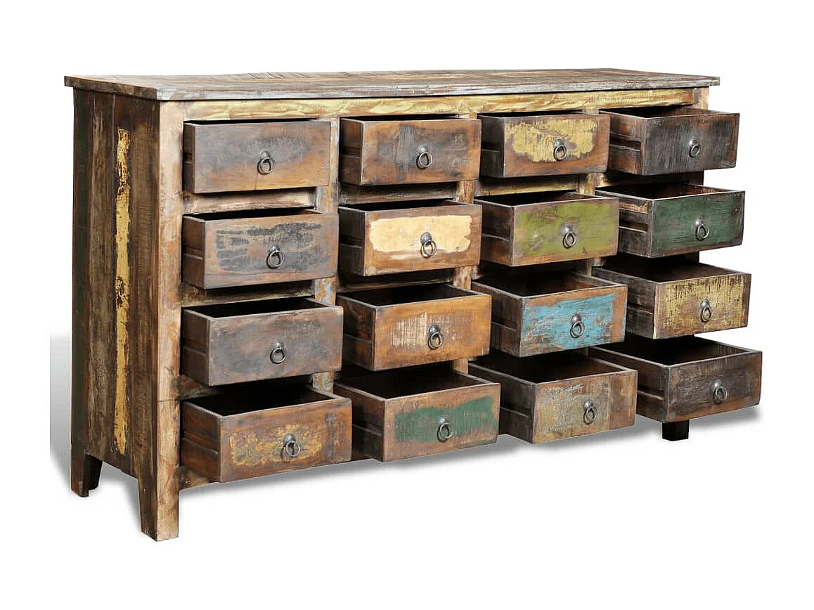 Armadio con 16 cassetti in legno massello riciclato stile antico