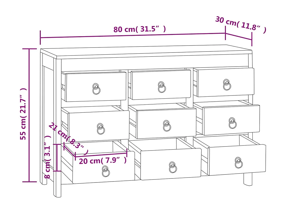Cômoda 80x30x55 cm Madeira maciça de teca
