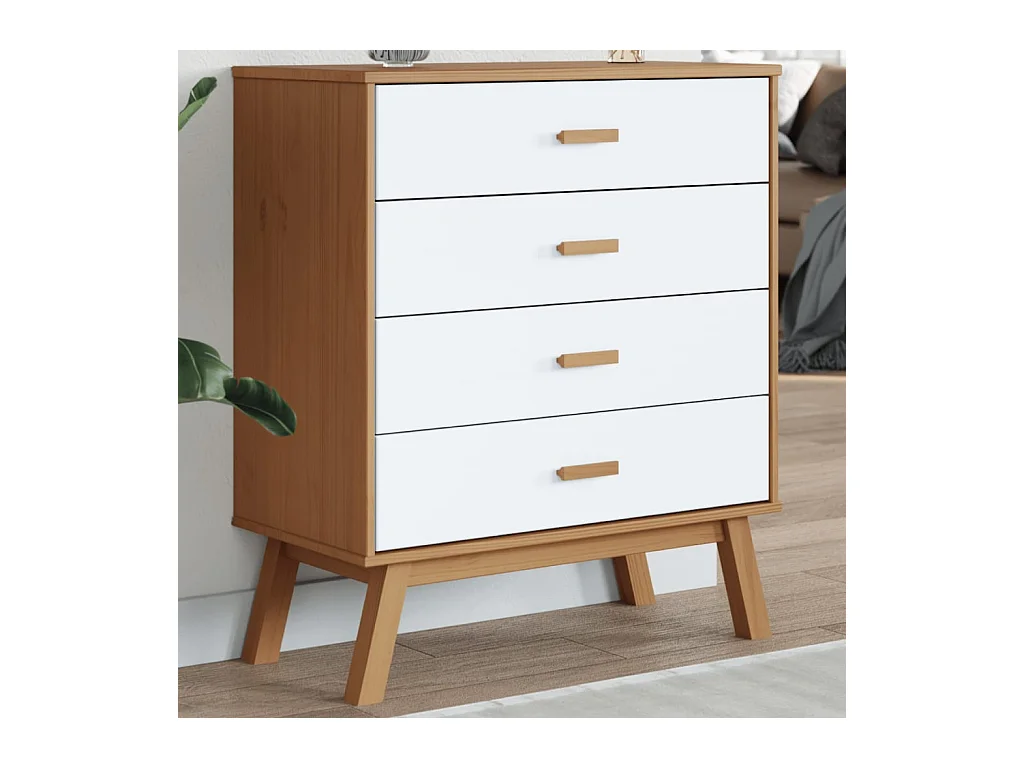 Armoire à tiroirs OLDEN blanc et marron bois de pin solide