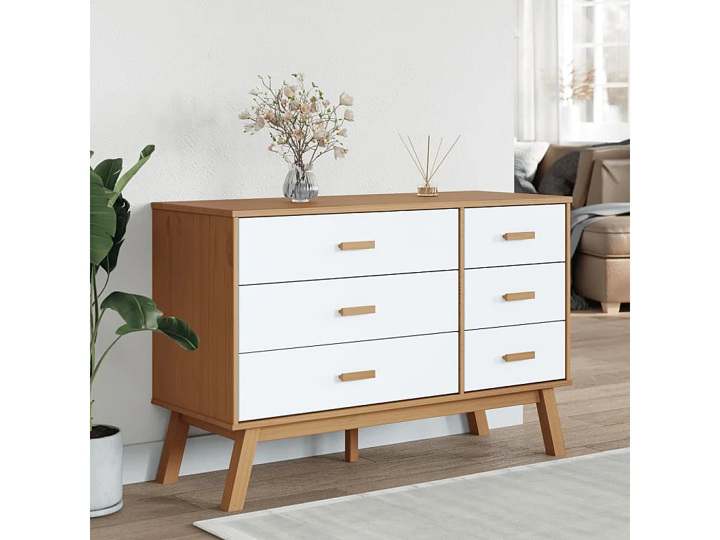 Armoire à tiroirs OLDEN blanc et marron bois de pin solide