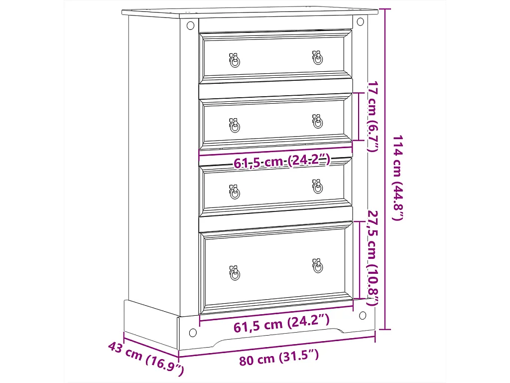 Commode Corona 80x43x114 cm bois massif de pin