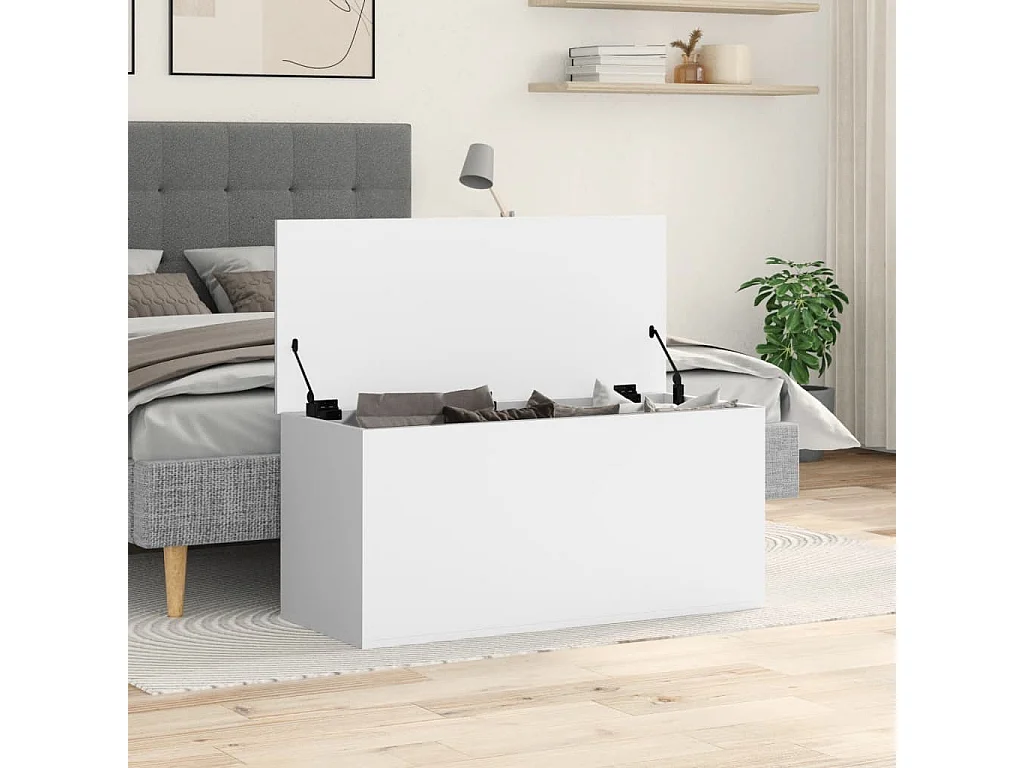 Caixa de armazenamento branca 100x42x46 cm madeira trabalhada