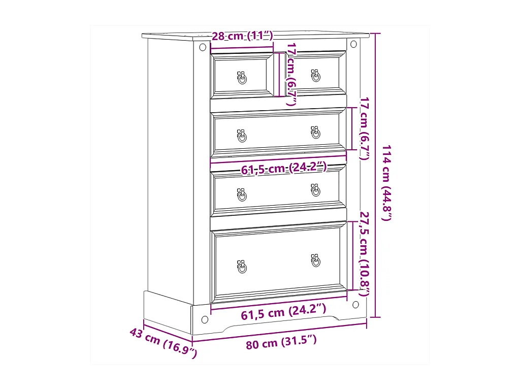 Cómoda Corona 80x43x114 cm madera maciza de pino
