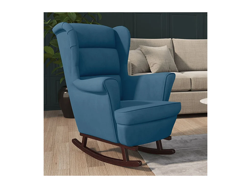 Fauteuil à bascule et pieds en bois massif d'hévéa Bleu Velours