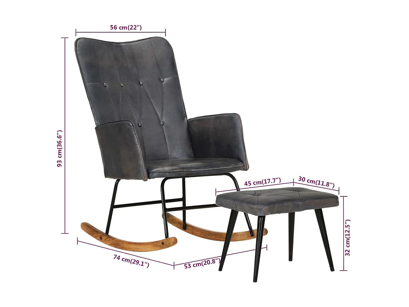 Chaise à bascule avec repose-pied Gris Cuir véritable