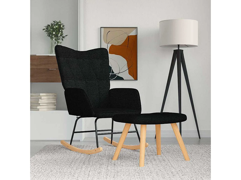 Chaise à bascule avec repose-pied Noir Tissu