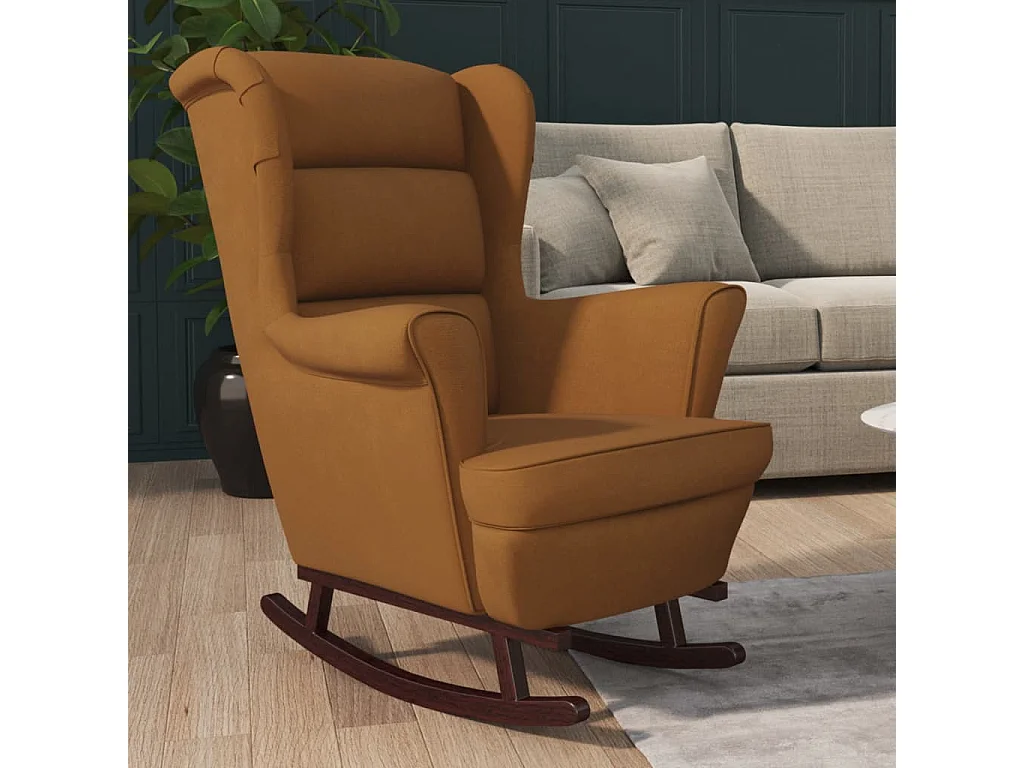 Fauteuil à bascule pieds en bois massif d'hévéa Marron Velours