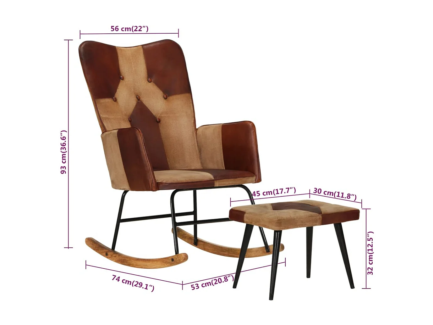 Chaise à bascule et repose-pieds Marron Cuir véritable et toile