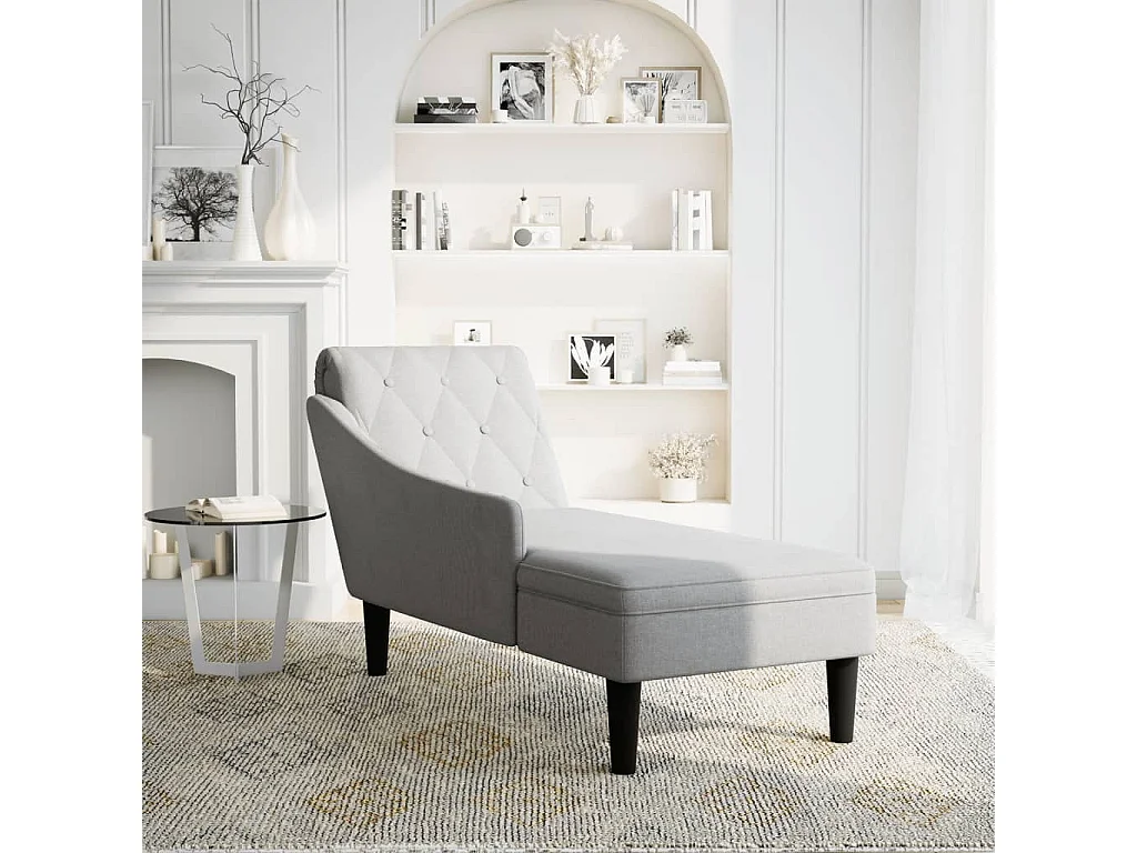 Fauteuil long avec coussin et accoudoir droit gris nuage tissu