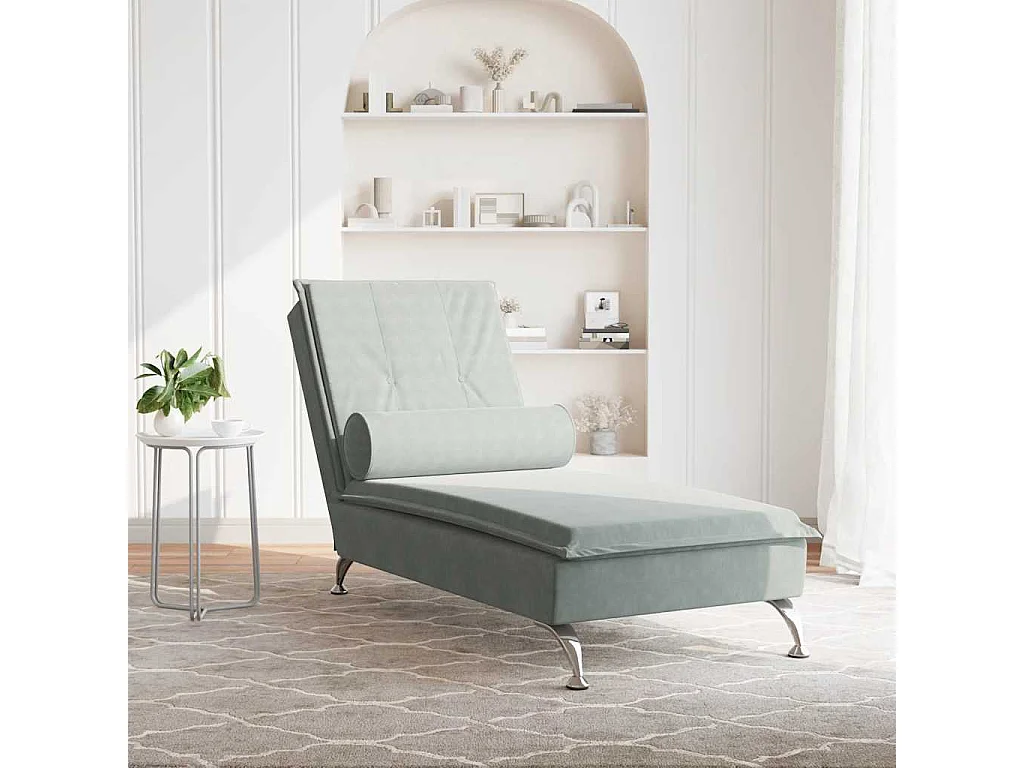 Chaise longue de massage avec traversin gris clair velours