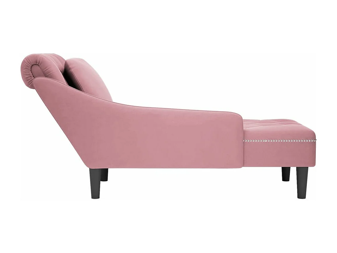 Sillón largo con cojín y reposabrazos derecho terciopelo rosa.