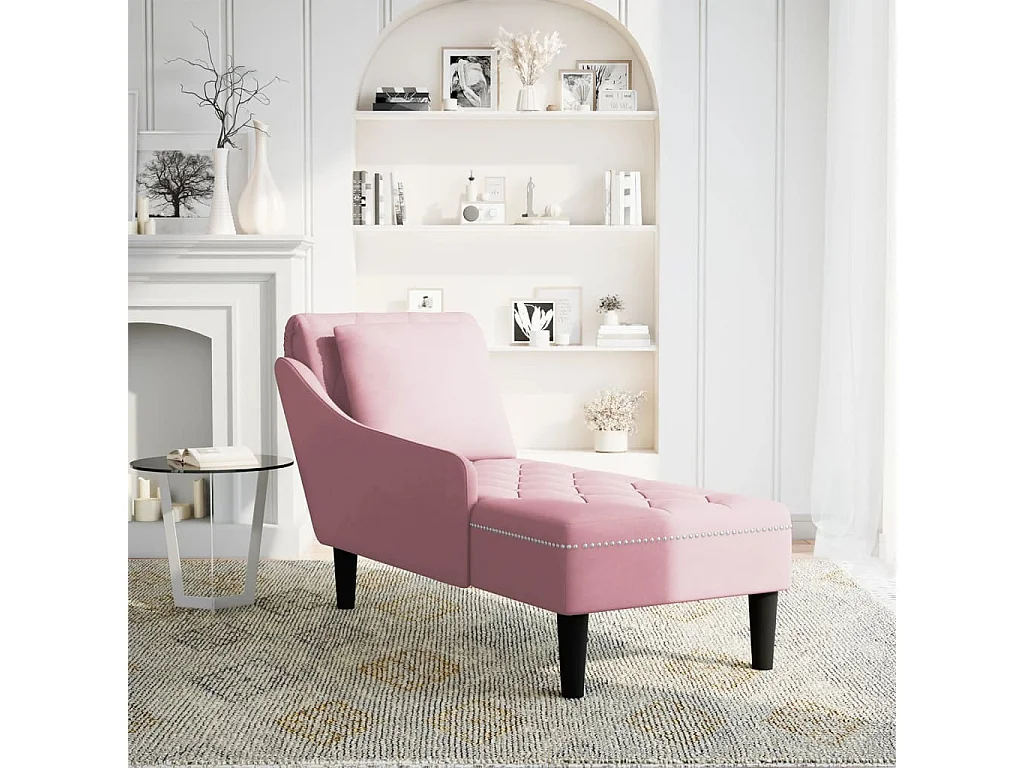 Sillón largo con cojín y reposabrazos derecho terciopelo rosa.