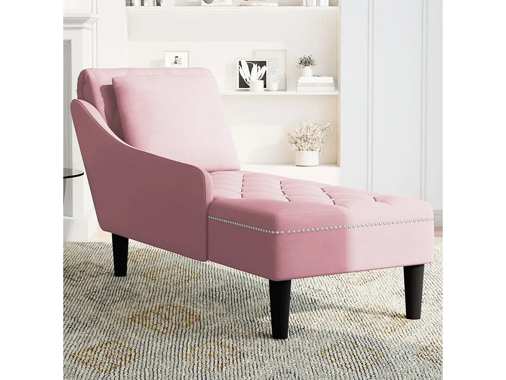 Sillón largo con cojín y reposabrazos derecho terciopelo rosa.