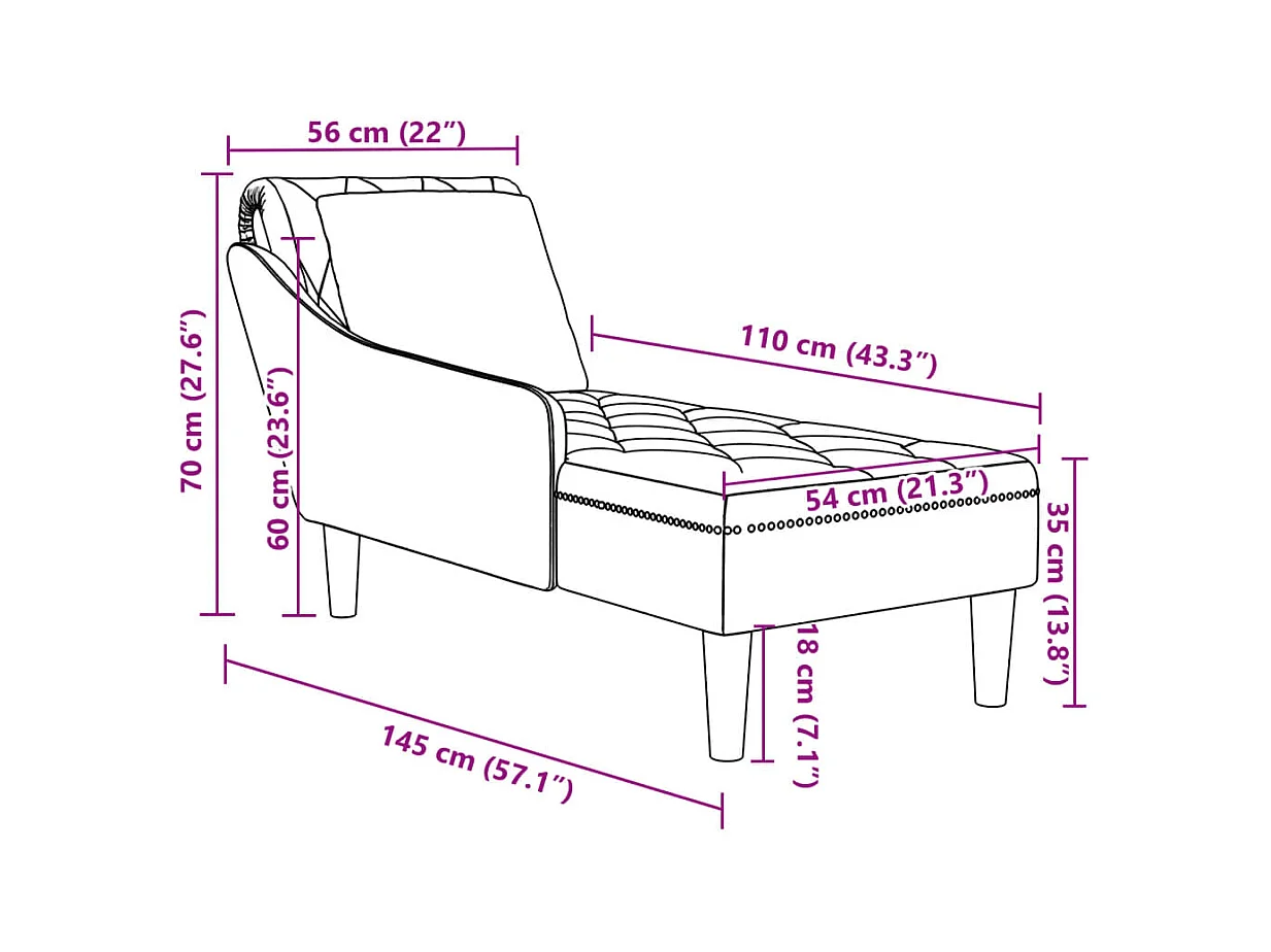 Fauteuil long avec coussin et accoudoir droit noir velours