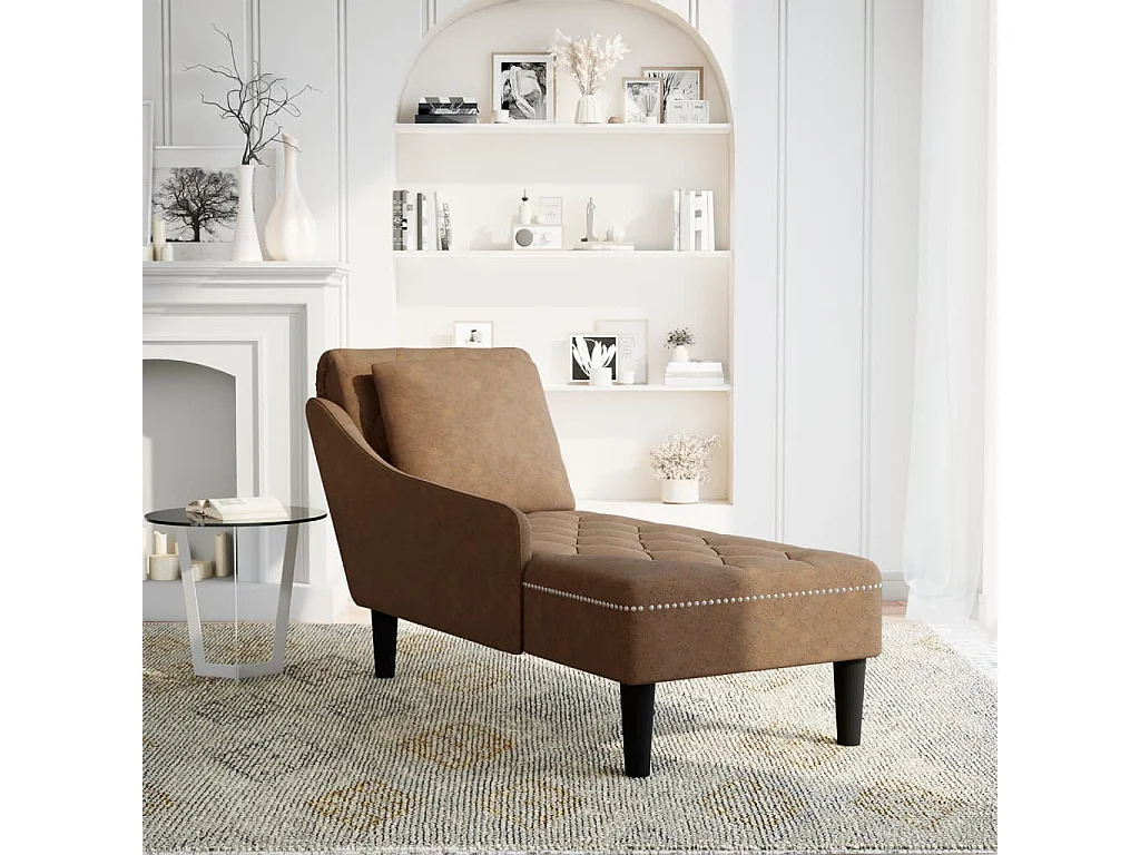 Poltrona longa com almofada e apoio de braço direito em couro sintético marrom