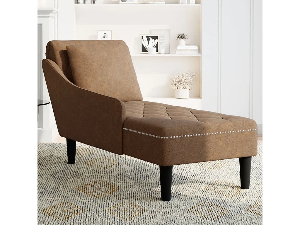 Poltrona longa com almofada e apoio de braço direito em couro sintético marrom