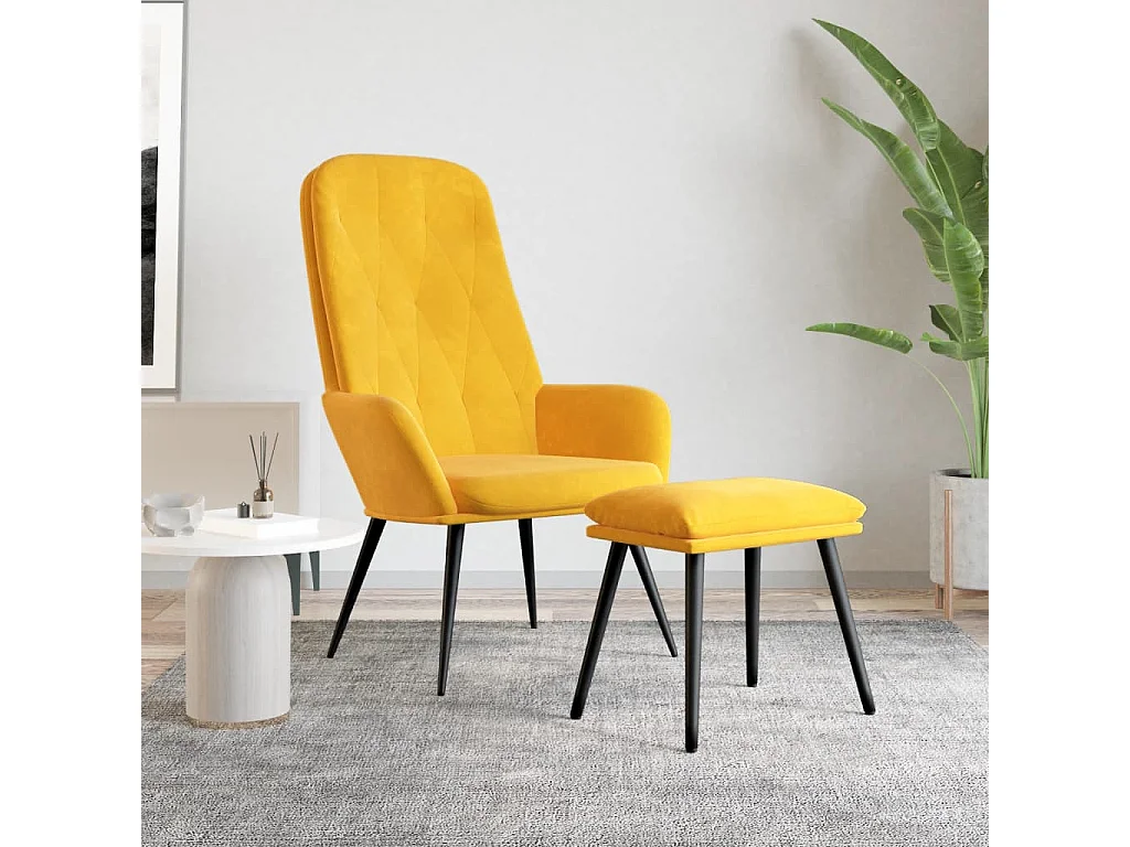 Cadeira de descanso com banco p/ pés veludo amarelo mostarda