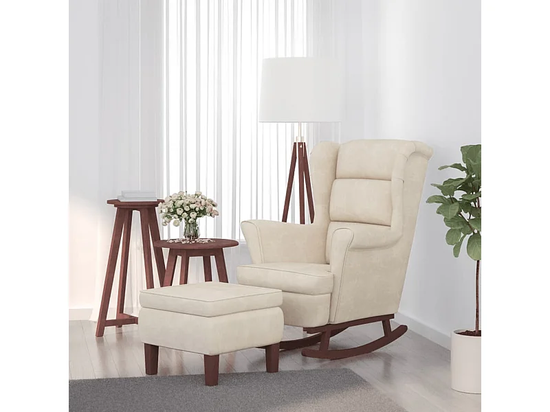 Mecedora con patas de madera y taburete Terciopelo Crema